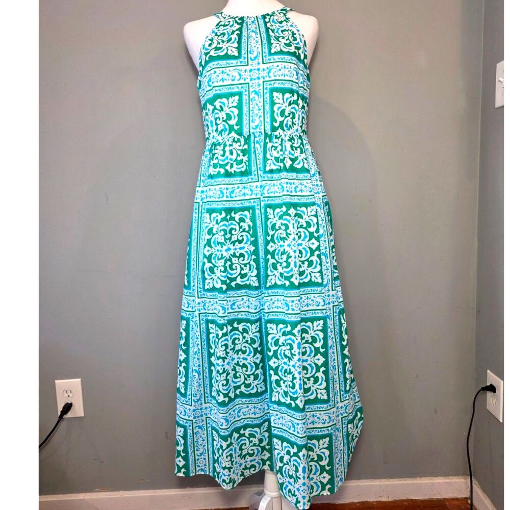 Talbots 2P Cotton Maxi Halter Dress. Geometric Print Green Blue White Pockets